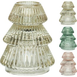 Vase en verre transparent, forme conique avec stries, dégradé de couleurs délicates.