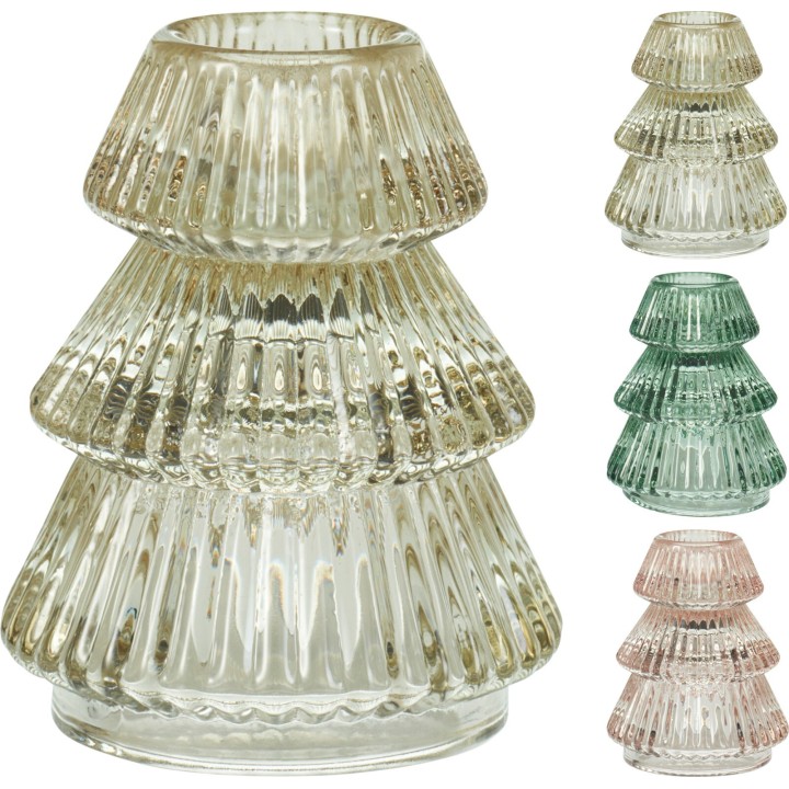 Vase en verre transparent, forme conique avec stries, dégradé de couleurs délicates.