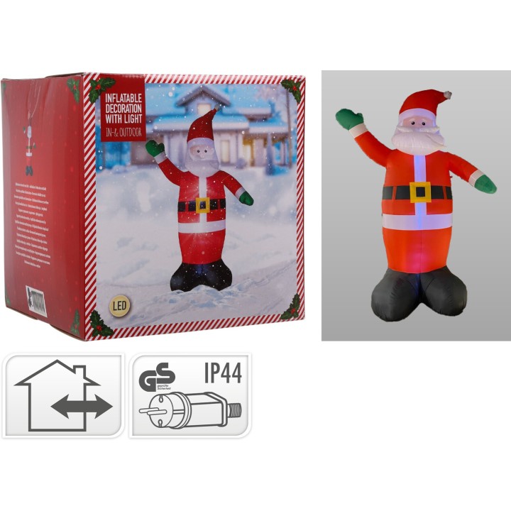 Père Noël gonflable aux couleurs vives, debout, avec un sourire accueillant.