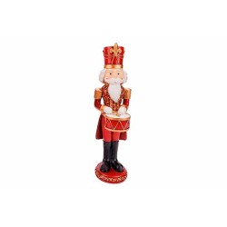 Figurine de soldat en bois, rouge et doré, tenant un tambour, festive et traditionnelle.