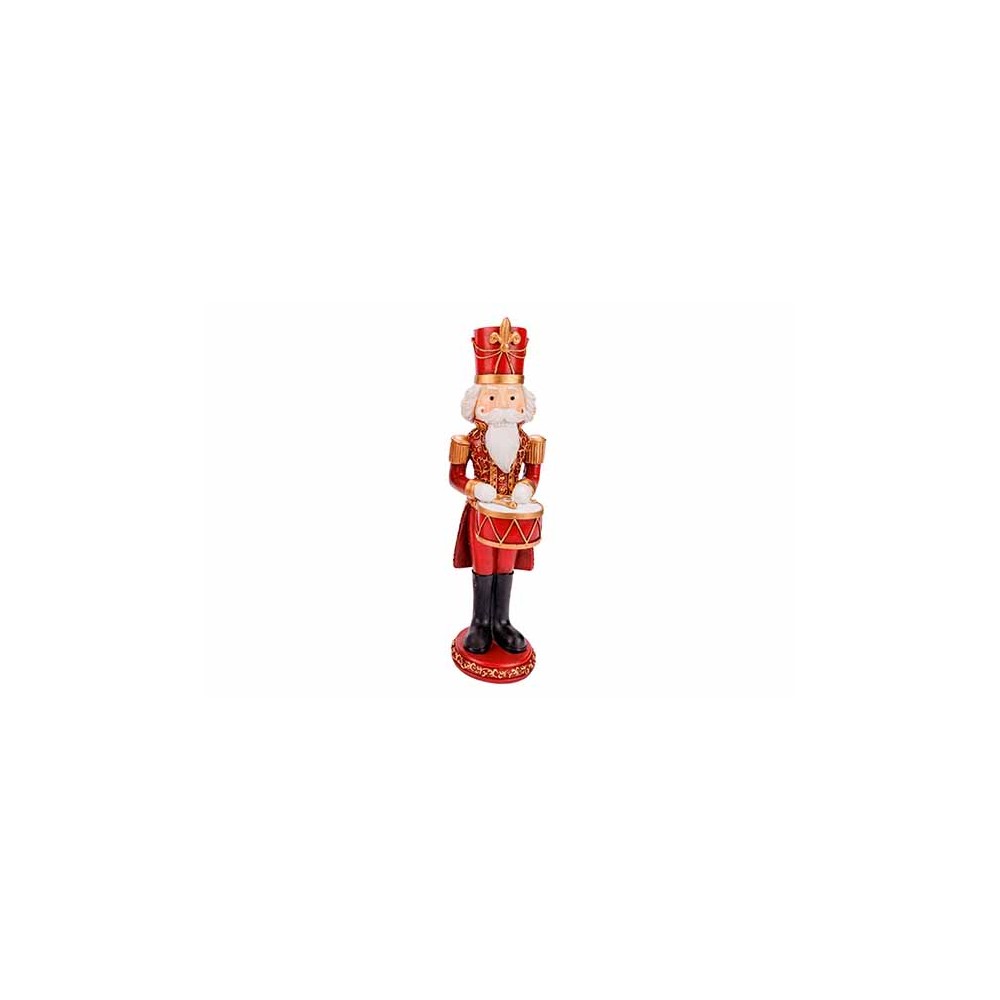 Figurine de soldat en bois, rouge et doré, tenant un tambour, festive et traditionnelle.