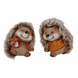 Deux hérissons souriants en résine, l'un tenant un champignon, l'autre portant un gilet orange.