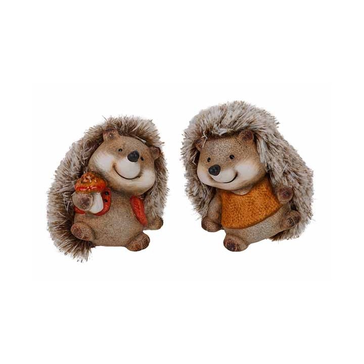 Deux hérissons souriants en résine, l'un tenant un champignon, l'autre portant un gilet orange.