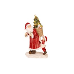 Père Noël en rouge portant un sapin, accompagné d'un enfant joyeux.
