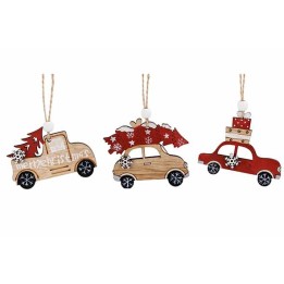 Trois décorations en bois représentant des voitures avec des sapins et des cadeaux.