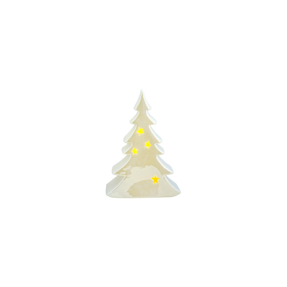 Arbre de Noël en céramique blanche, illuminé par des étoiles jaunes.