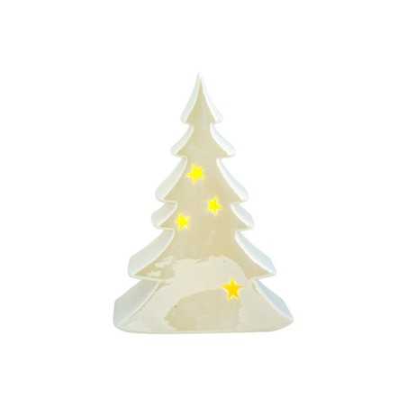 Arbre de Noël en céramique blanche, illuminé par des étoiles jaunes.