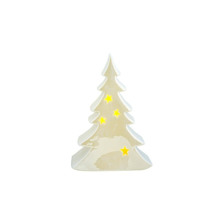 Arbre de Noël en céramique blanche, illuminé par des étoiles jaunes.