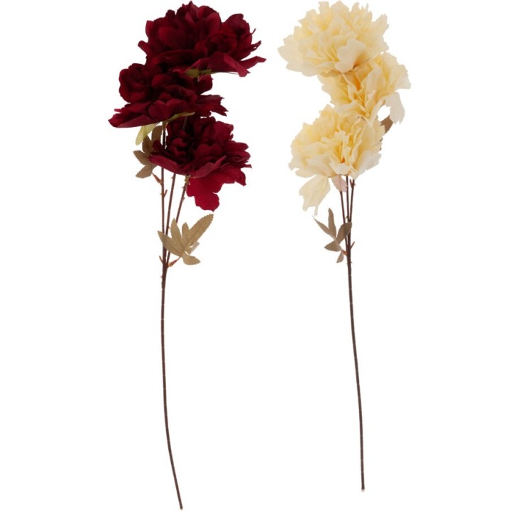 Deux fleurs artificielles : une rouge et une crème, sur des tiges fines avec des feuilles délic...