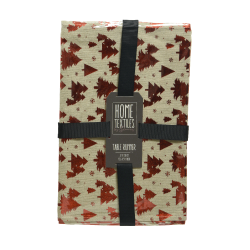 Nappe décorative beige ornée de sapins rouges, emballée avec un ruban noir.