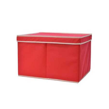 Coffre de rangement rouge en tissu, avec un couvercle et des bords contrastants. Coffre de rangement rouge en tissu, avec un couvercle et des bords contrastants.
