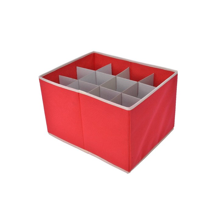 Panier de rangement rouge avec compartiments blancs pour organiser divers objets.