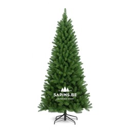 Arbre de Noël artificiel, vert dense, forme conique, base en métal noir.