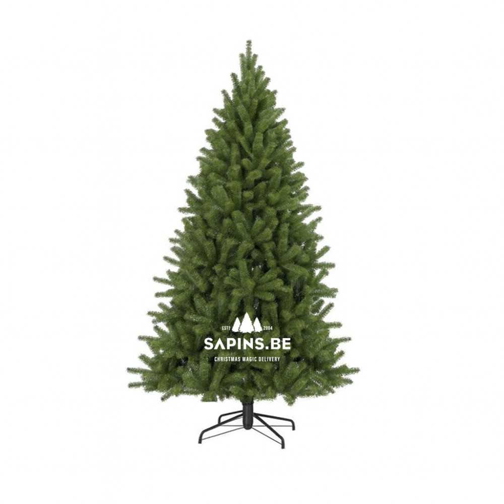 Arbre de Noël artificiel vert, en forme conique, sur support noir.