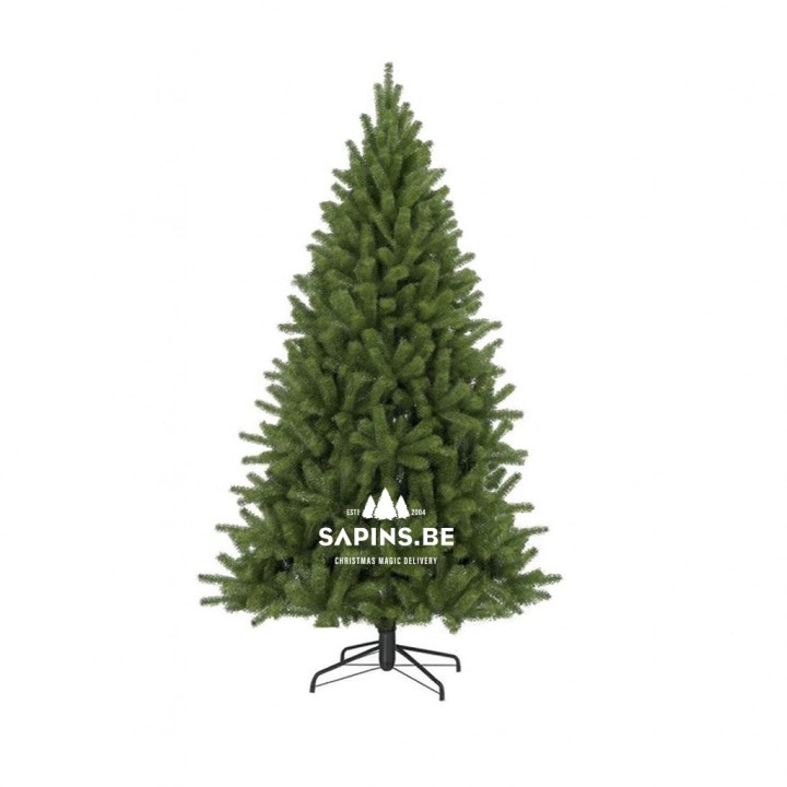 Arbre de Noël artificiel vert, en forme conique, sur support noir.