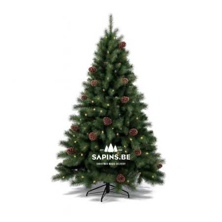 Sapin de Noël vert, décoré de pommes de pin et illuminé par des lumières douces. Sapin de Noël vert, décoré de pommes de pin et illuminé par des lumières douces.