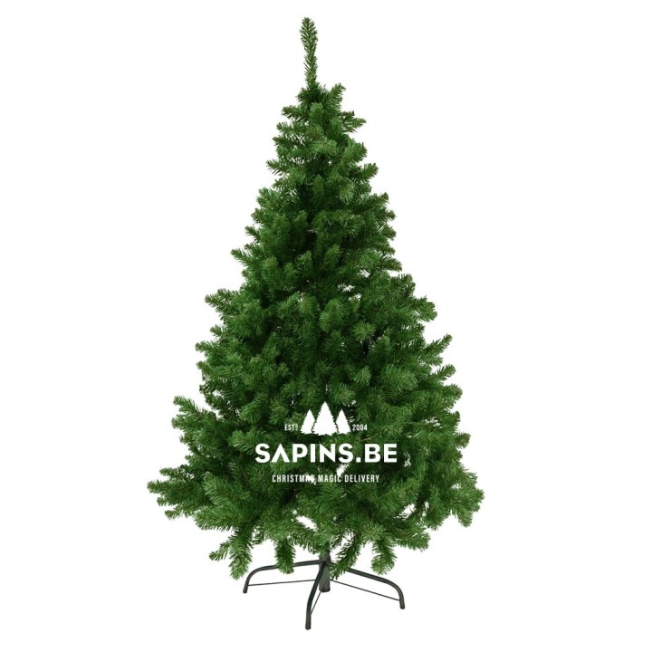 Sapin de Noël artificiel, vert, en forme conique, sur support noir.