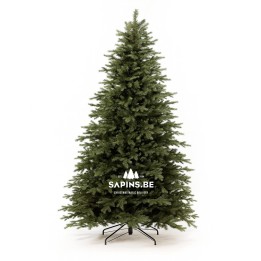 Sapin artificiel vert, en forme conique, avec support métallique, aspect réaliste.