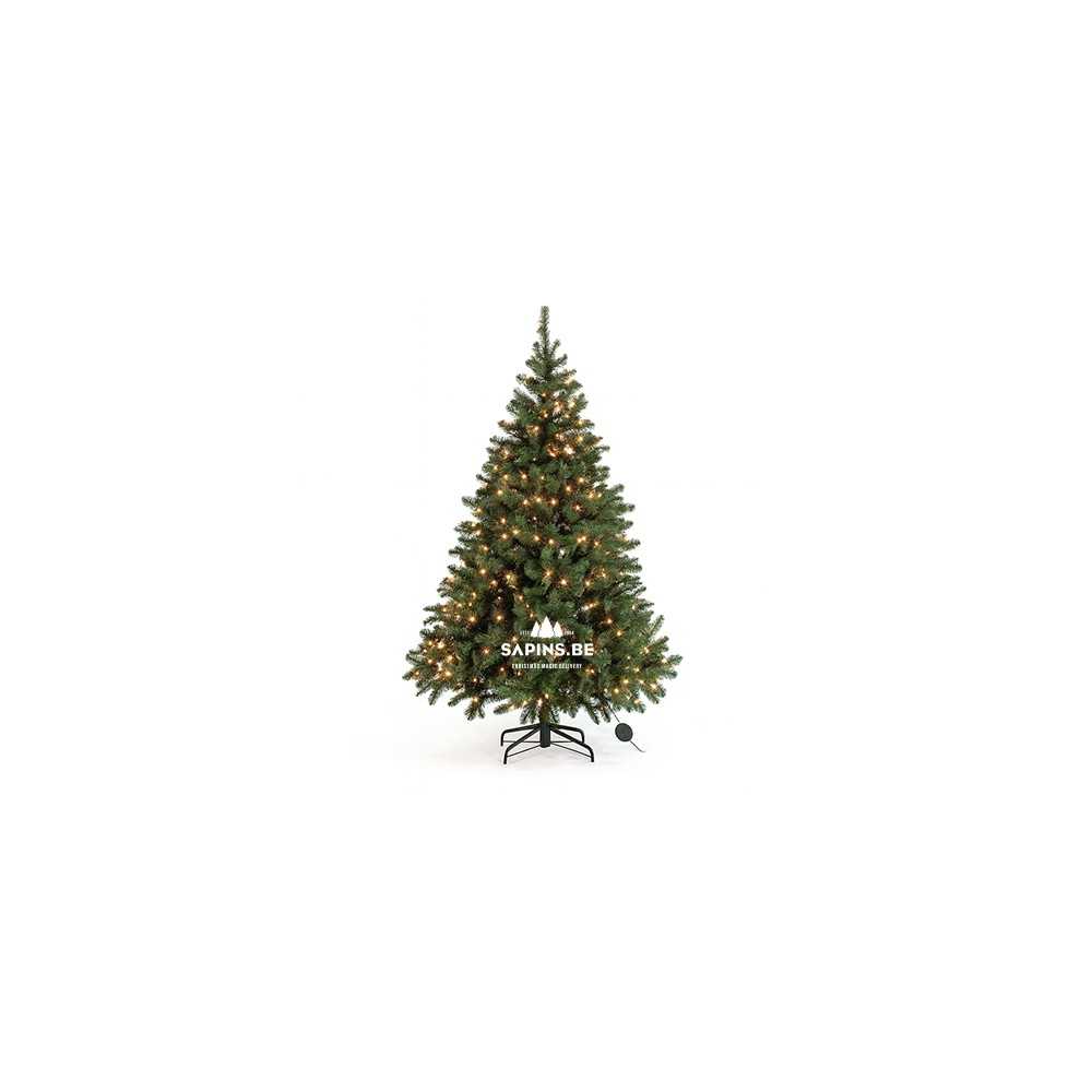 Sapin de Noël vert décoré de lumières blanches, sur socle noir, style moderne.