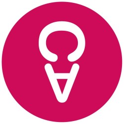 Icône blanche d'une ampoule stylisée sur fond rose vif.