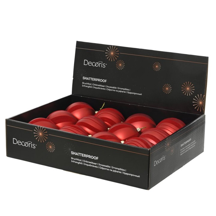 Boîte noire contenant des boules de Noël rouges en plastique résistant.