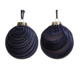Boules de Noël en velours bleu nuit, décorées de plis élégants et d'un capuchon doré.