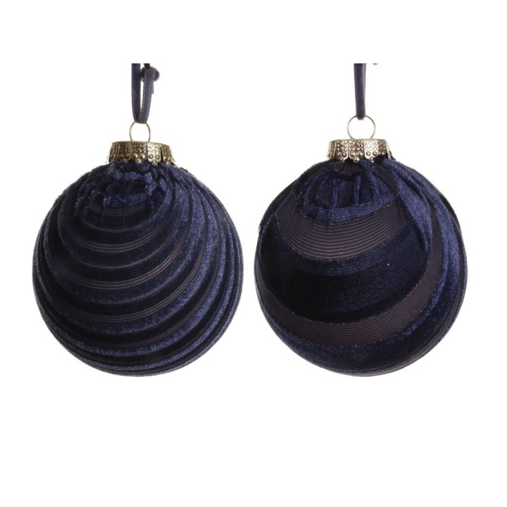 Boules de Noël en velours bleu nuit, décorées de plis élégants et d'un capuchon doré.