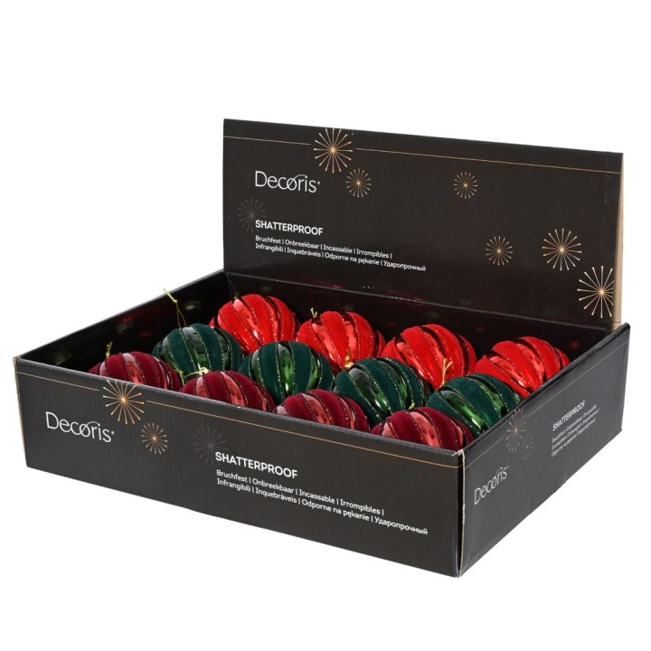 Boule de Noël rouge et verte, brillantes, présentées dans une boîte élégante.