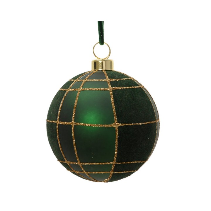 Boule de Noël verte avec des motifs dorés en forme de grille. Élégance festive.