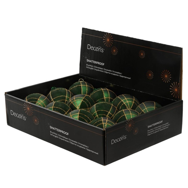 Boîte noire contenant des boules de Noël vertes avec des motifs dorés, incassables.