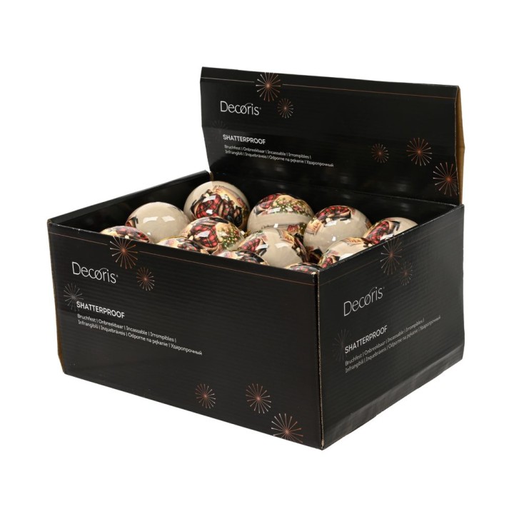 Boîte noire contenant des boules décoratives aux motifs floraux et couleurs vives.