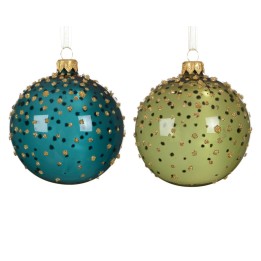 Boules de Noël brillantes, turquoise et vert olive, parsemées de petits détails dorés.