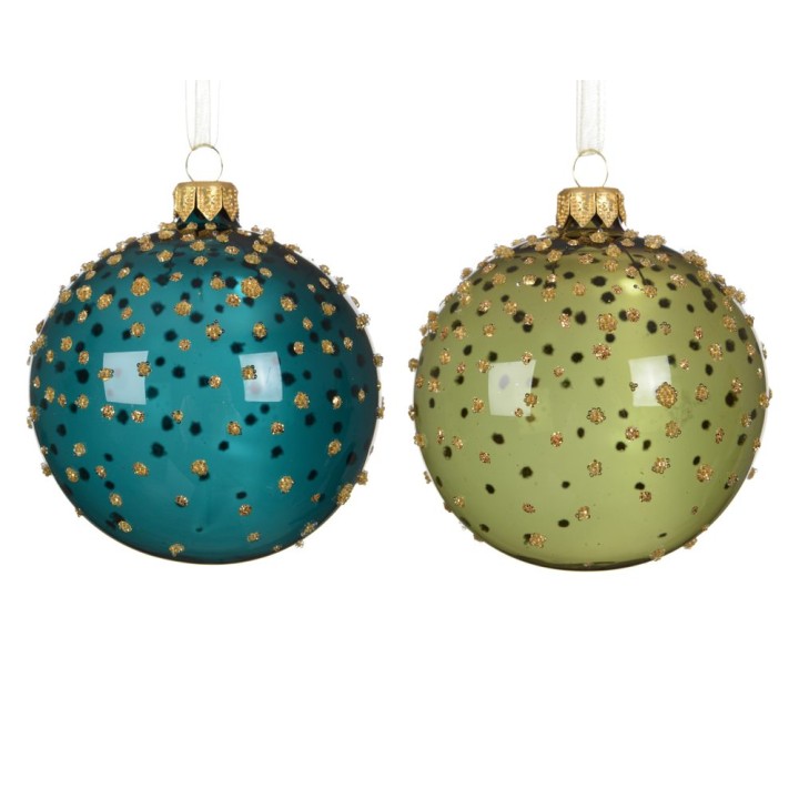 Boules de Noël brillantes, turquoise et vert olive, parsemées de petits détails dorés.