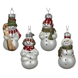 Quatre ornements en verre représentant des bonhommes de neige joyeux et colorés.