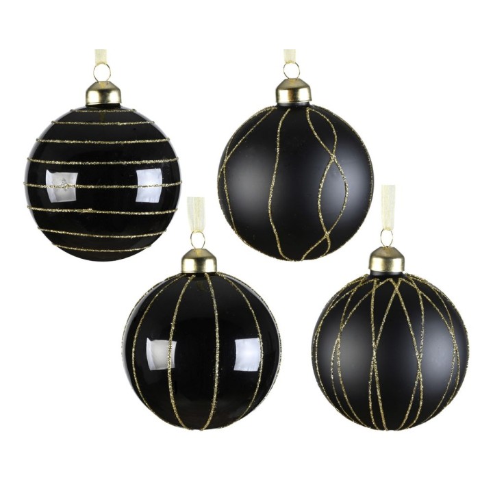 Boules de Noël noires brillantes ornées de motifs dorés élégants.