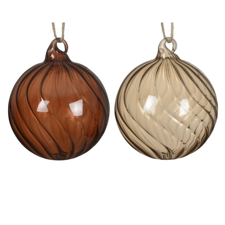Boules en verre tourbillonnantes, l'une marron, l'autre beige, brillantes et élégantes.
