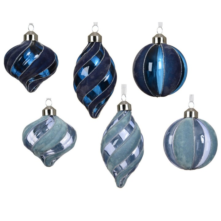 Boules de Noël en verre bleu et vert, aux formes spirales et reflets brillants.