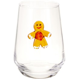 Verre transparent décoré d'un bonhomme en pain d'épice souriant.