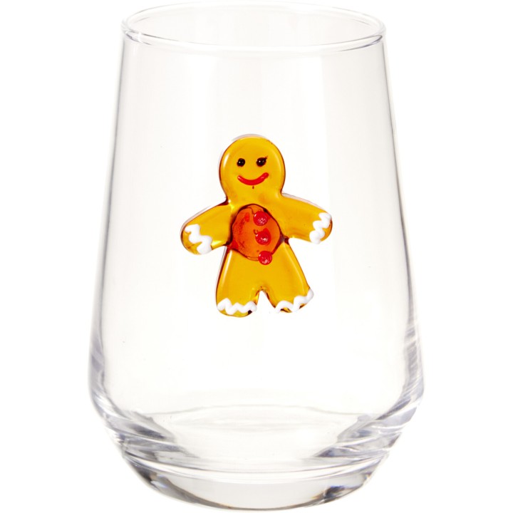 Verre transparent décoré d'un bonhomme en pain d'épice souriant.