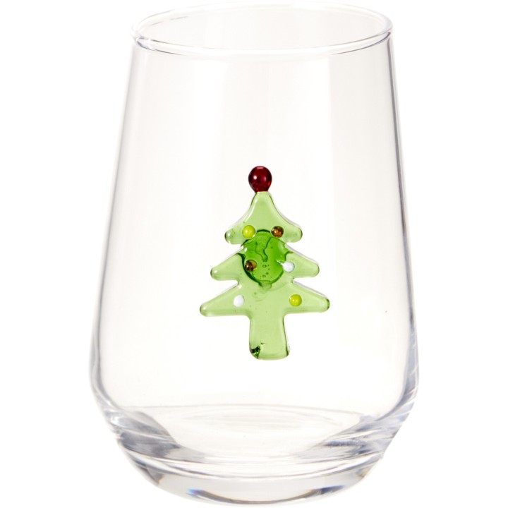 Verre transparent décoré d'un sapin de Noël en verre coloré, avec des touches rouges et jaunes.