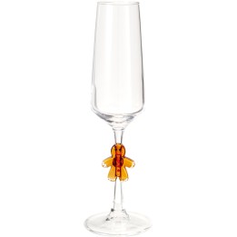 Flûte à champagne transparente, tige ornée d'un bonhomme en pain d'épices en résine.
