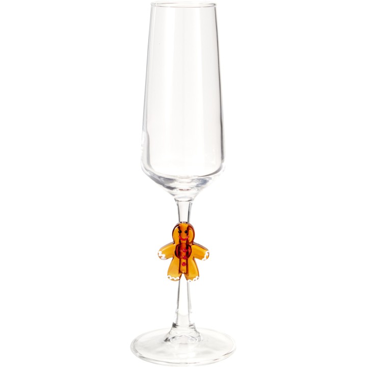 Flûte à champagne transparente, tige ornée d'un bonhomme en pain d'épices en résine.