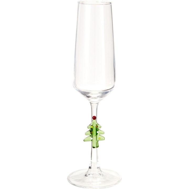 Flûte à champagne élégante, décorée d'un sapin vert et d'une perle rouge.