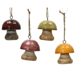 Quatre champignons colorés en céramique suspendus, aux teintes vives et brillantes.