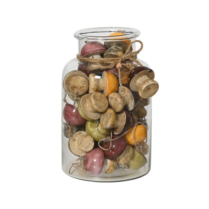 Bocal en verre rempli de bobines en bois colorées, décoré d'une corde naturelle.
