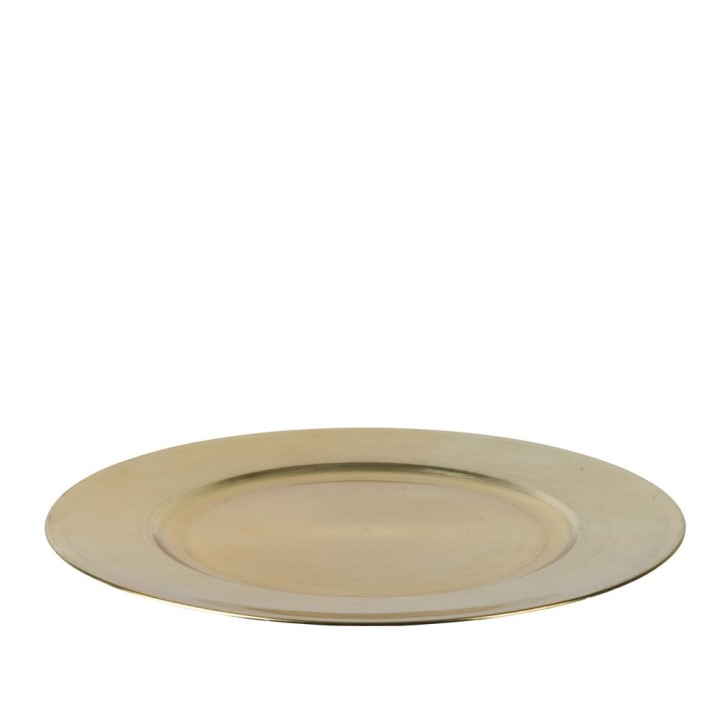 Assiette ronde en métal doré, surface lisse et brillante, au design élégant et sobre.