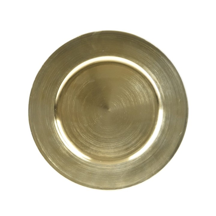 Assiette en métal doré, lisse et brillante, avec des contours subtils et une texture élégante.