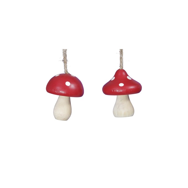 Deux champignons décoratifs rouges avec des pois blancs, suspendus par une corde.