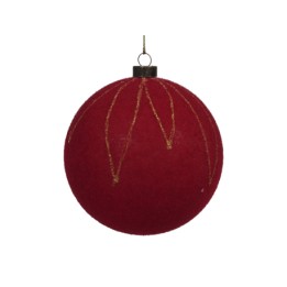 Boule de Noël rouge, brillante, ornée de motifs dorés, suspendue avec un crochet.