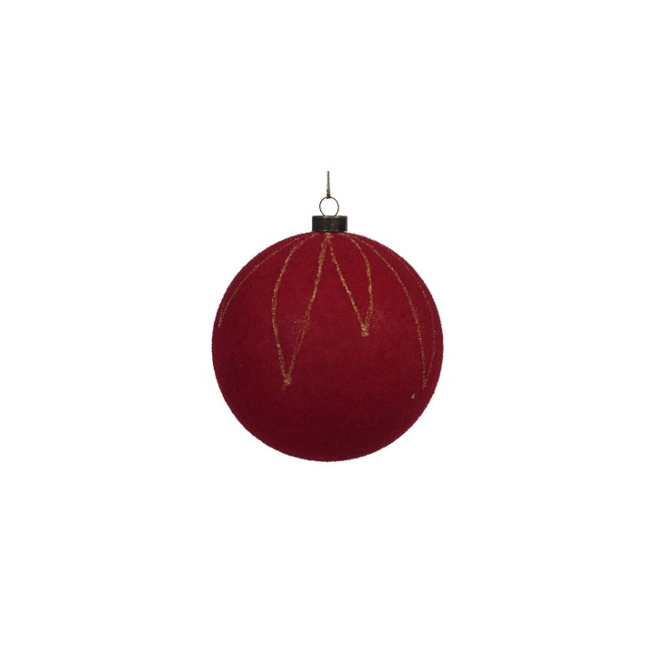 Boule de Noël rouge avec des motifs dorés scintillants, suspendue par un crochet.